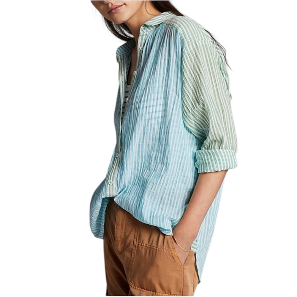 Maeve Striped Button-Down Shirt in Aqua and Mint